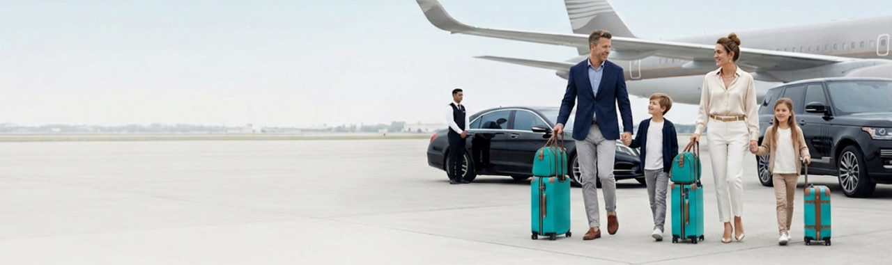 A family walking across the tarmac to a private jet with matching luggage